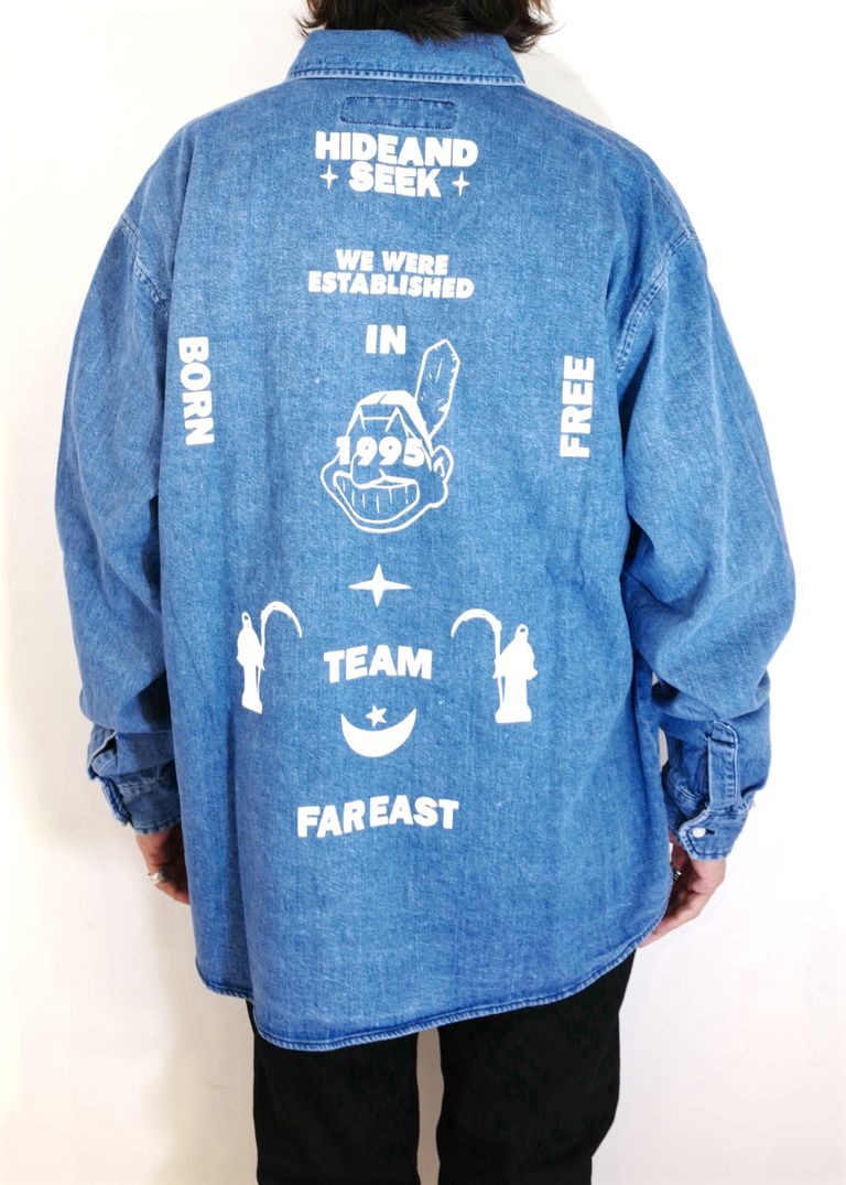 HIDE AND SEEK - DENIM B.D L/S SHIRT (INDIGO) / バックプリント  