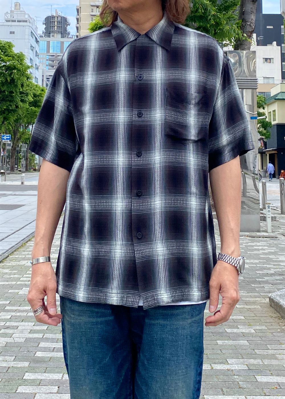 Rayon Dobby Plaid S.S Open Collar SH (BLT) / オンブレチェック オープンカラーシャツ