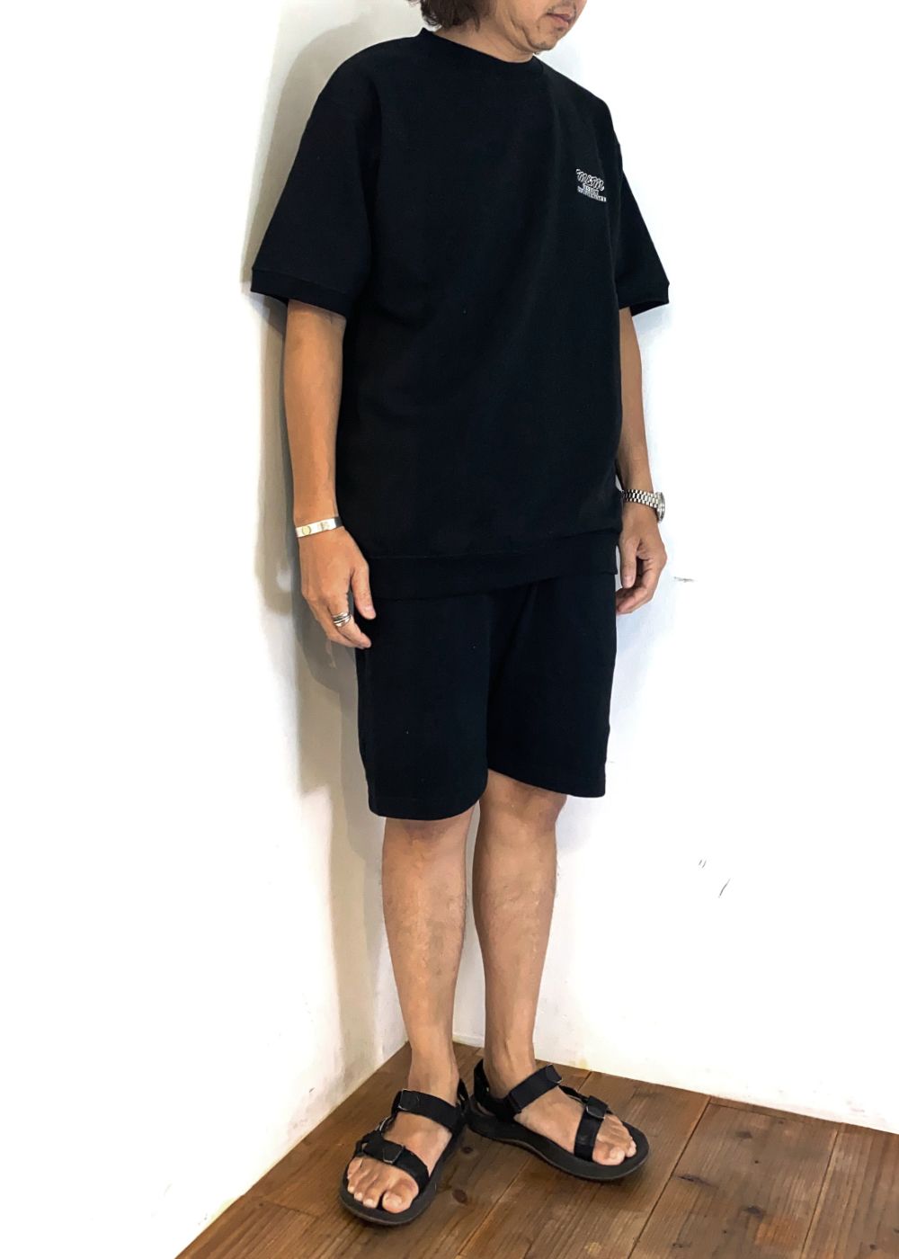 Short Sleeve Sweat (BLACK) / ロゴ刺繍 半袖 クルーネック スウェット / セットアップ可能
