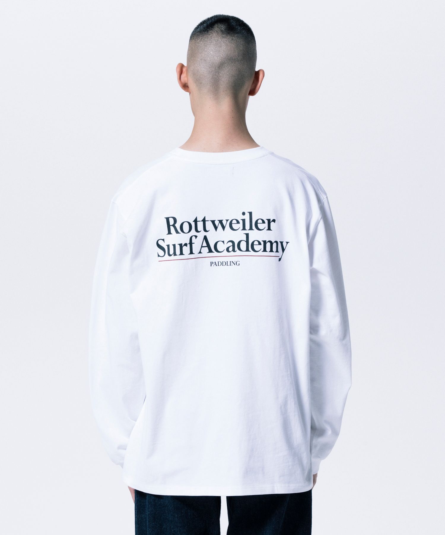 R9 SURF ACADEMY LS TEE (WHITE) /  オリジナル ロゴプリント ロングスリーブ Tシャツ