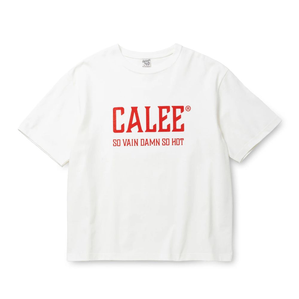 CALEE 新作販売告知 / メインロゴが大胆にプリントされたワイドTシャツ。
