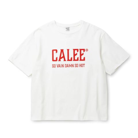 CALEE 新作販売告知 / メインロゴが大胆にプリントされたワイドTシャツ。