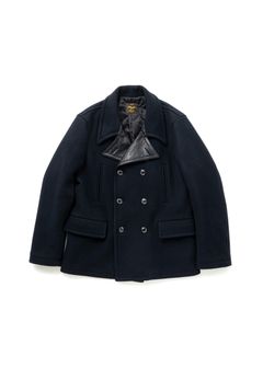 【ラスト1点】DOUBLE BREASTED WOOL JKT (BLACK) / 襟レザー ピーコート