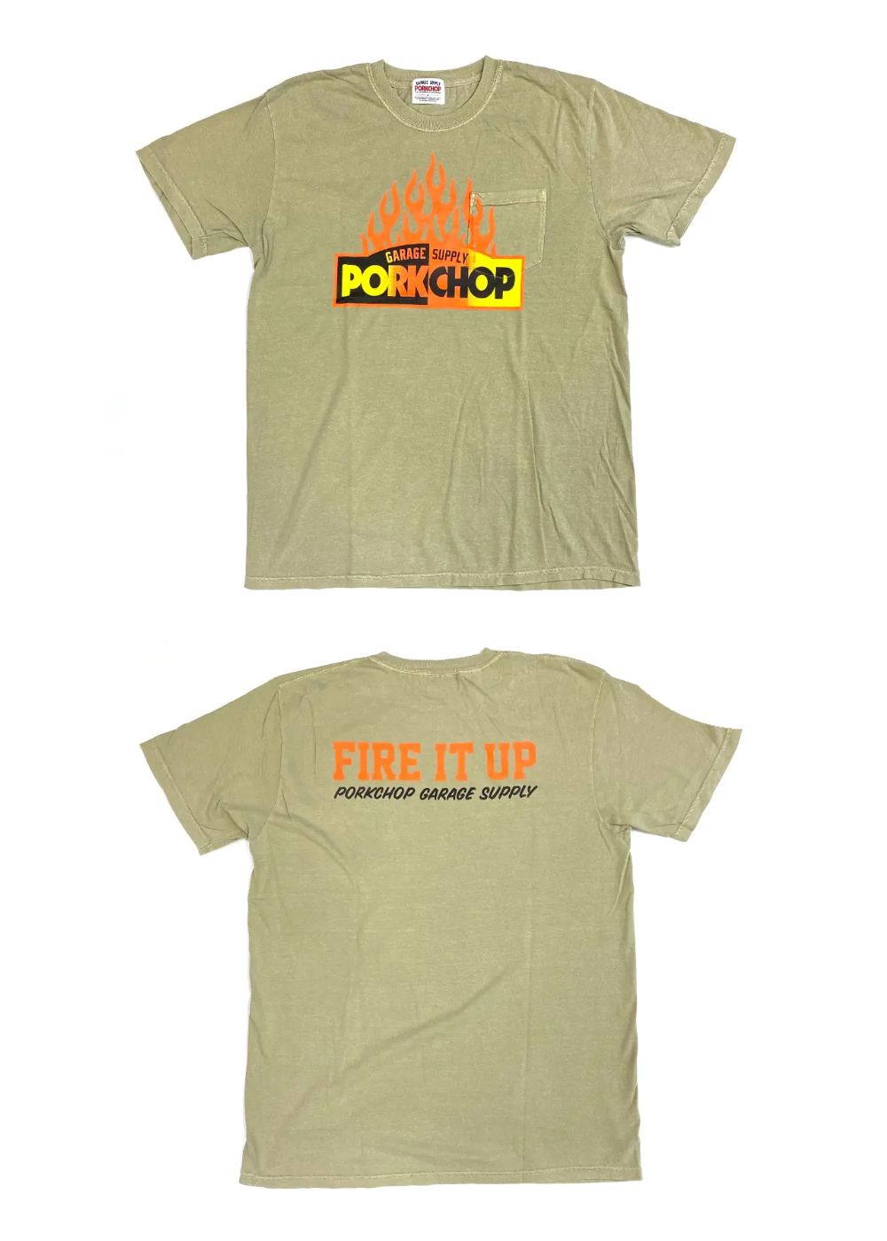 【ラスト1点】FIRE BLOCK POCKET TEE (KHAKI) / ロゴ プリント ポケットTシャツ