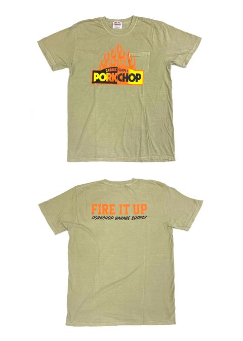 【ラスト1点】FIRE BLOCK POCKET TEE (KHAKI) / ロゴ プリント ポケットTシャツ