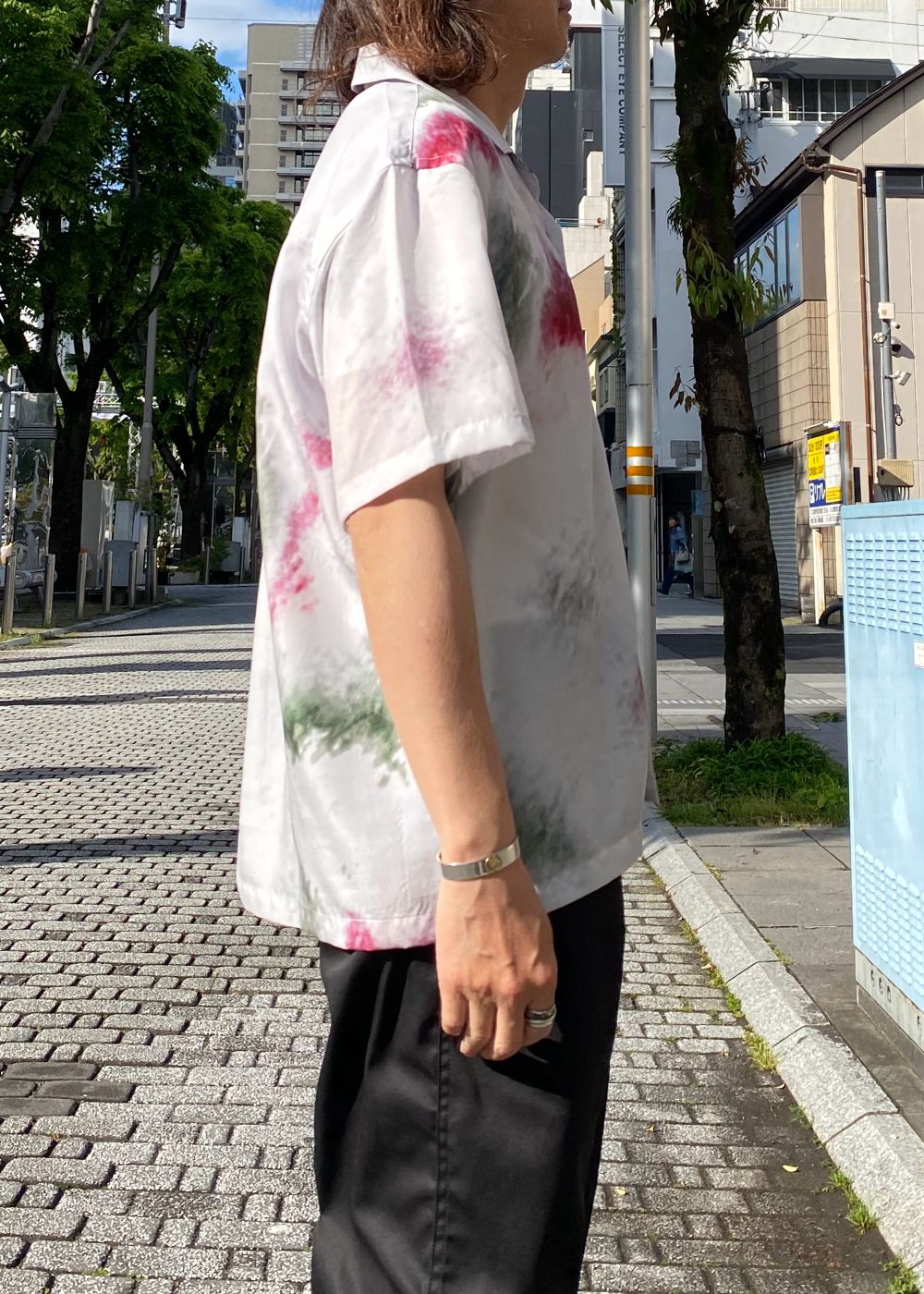 【ラスト1点】R9 PAINTED SS SHIRT (GRAY) / オリジナル プリント オープンカラー シャツ