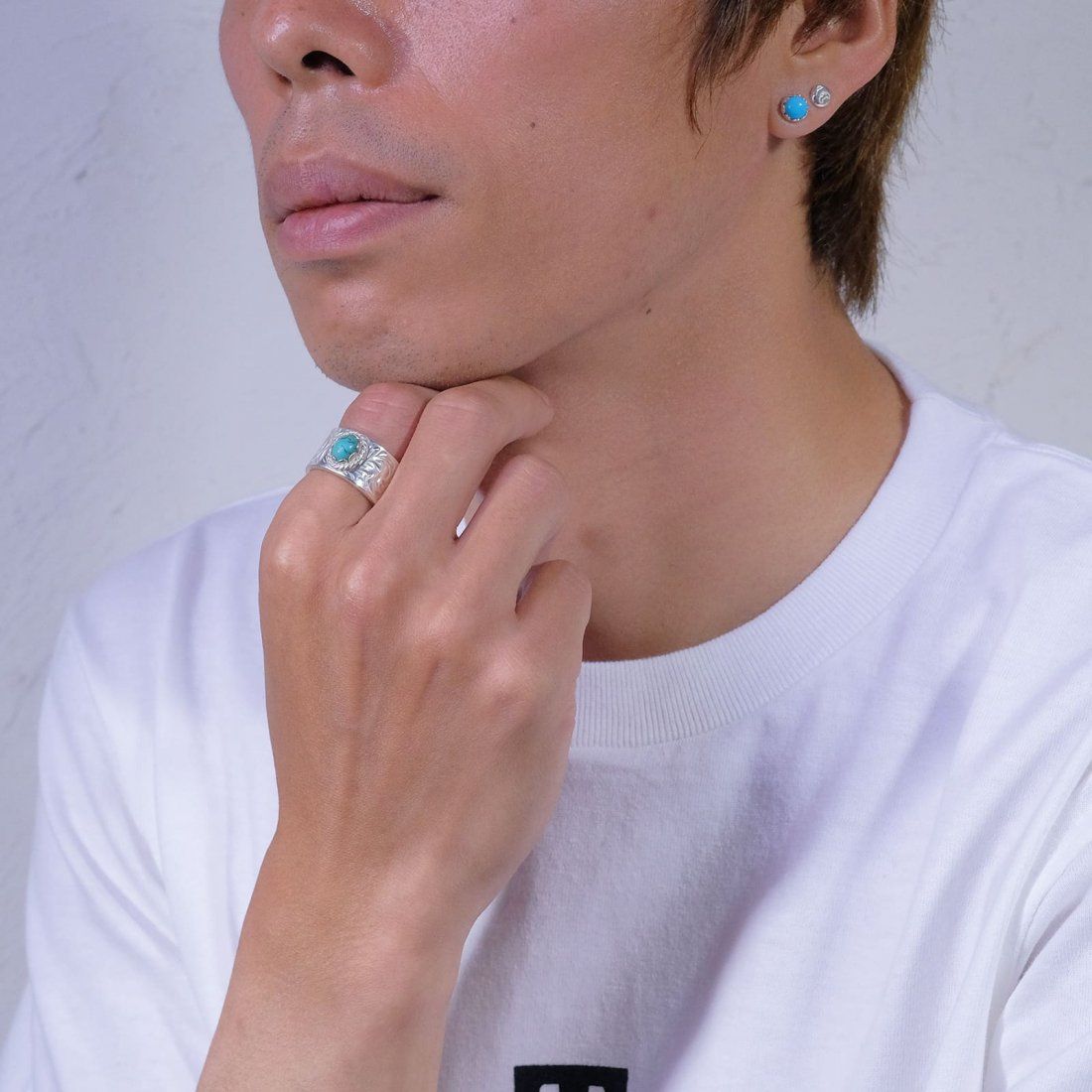 STUDIO T&Y - KARAKUSA Ring L with Turquoise 6*8 (SILVER) / 銀縄