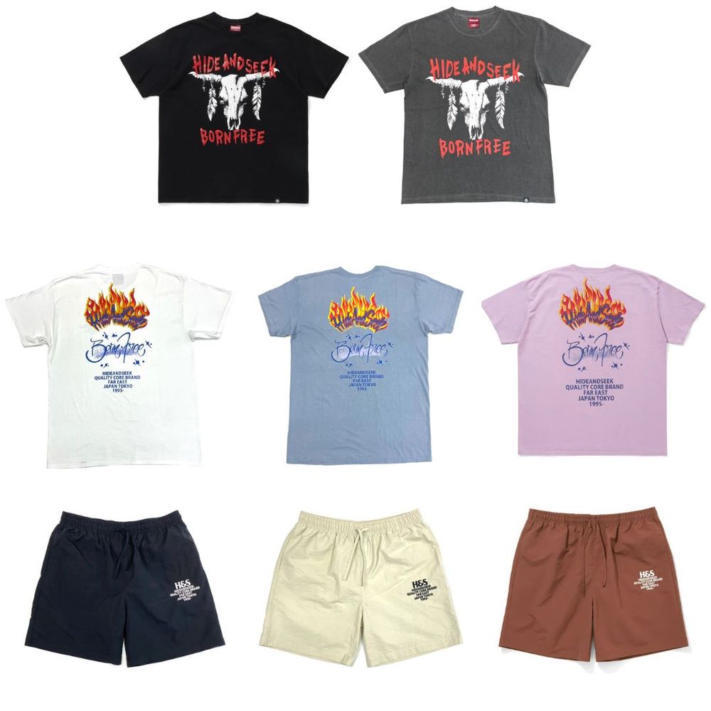 HIDE AND SEEK 新作販売告知 / インパクト抜群のTシャツ2型に加え、定番人気のナイロンショーツが登場。