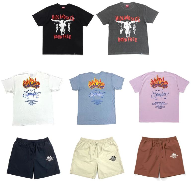 HIDE AND SEEK 新作販売告知 / インパクト抜群のTシャツ2型に加え、定番人気のナイロンショーツが登場。