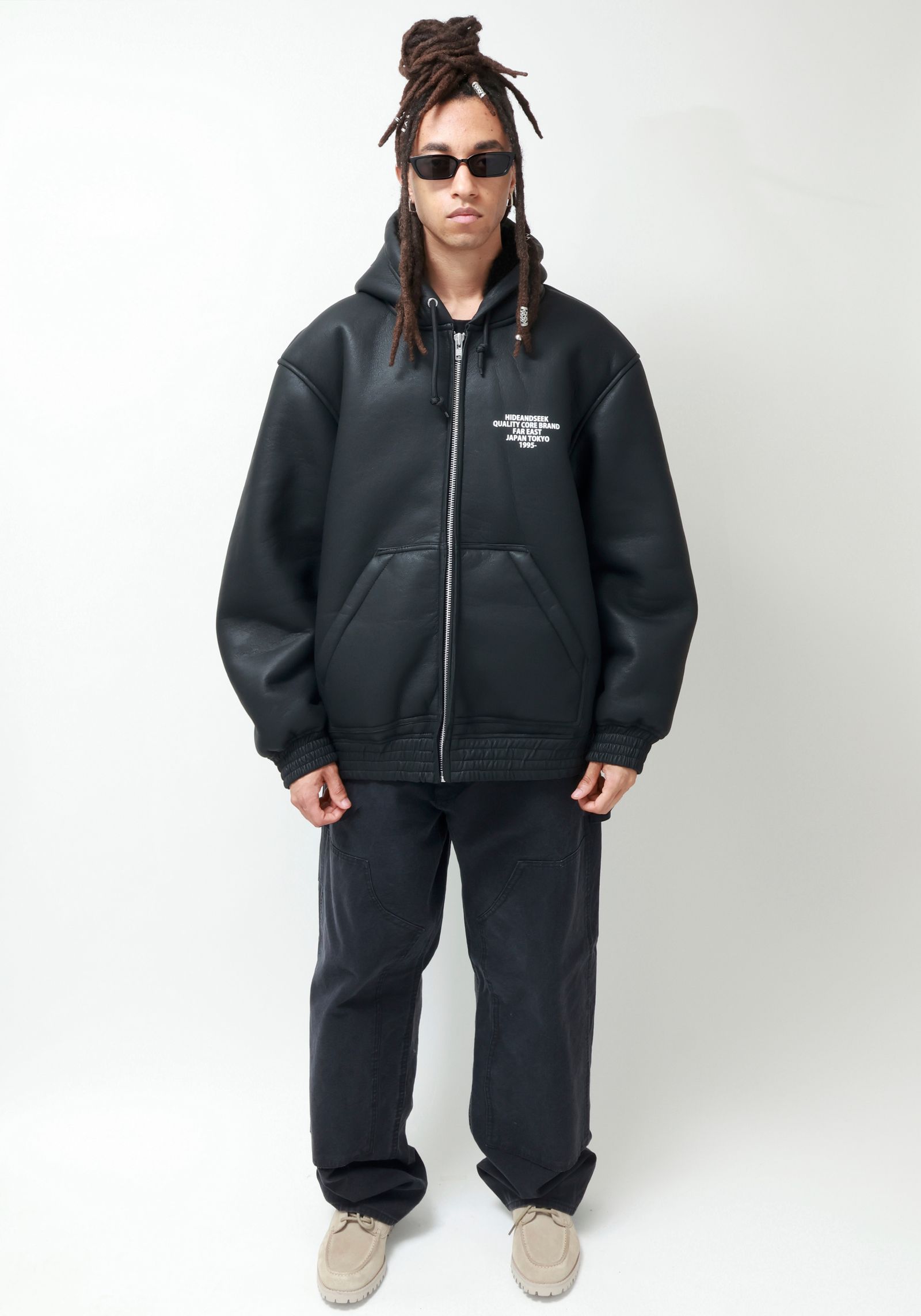 PU Leather Boa Hooded Jacket (BLACK) / フェイクレザー ボア フード ジャケット