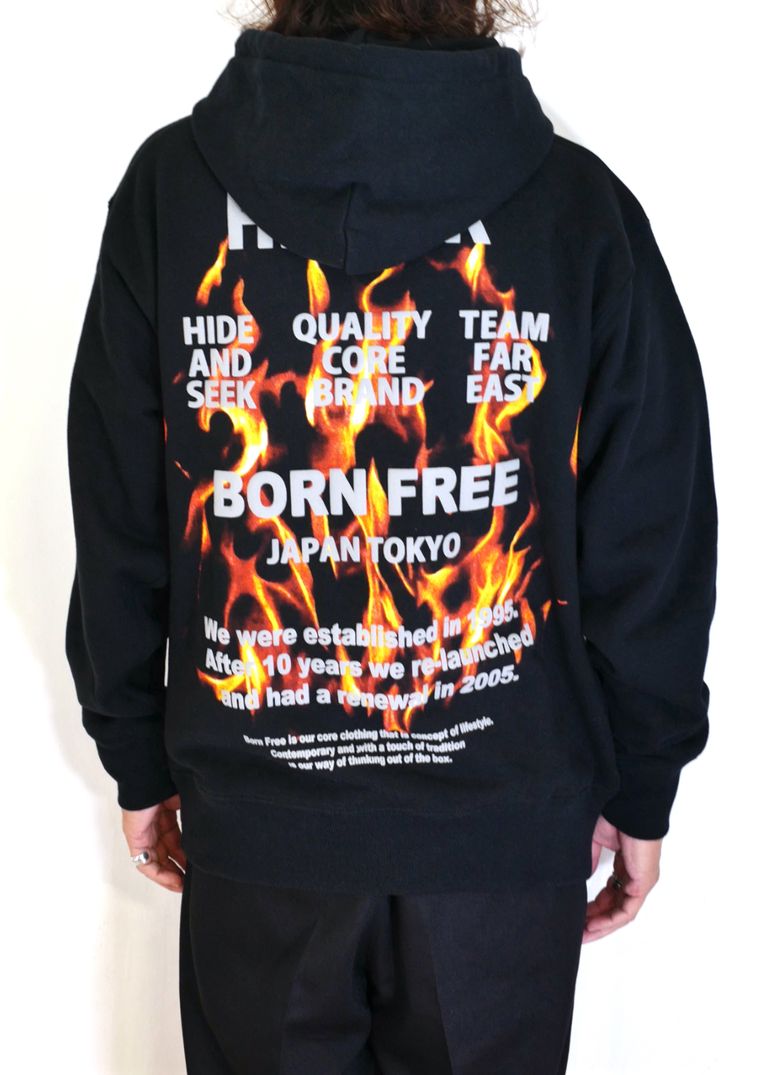 HIDE AND SEEK - FLAME HOODED SWEAT SHIRT (BLACK) / フレイム  