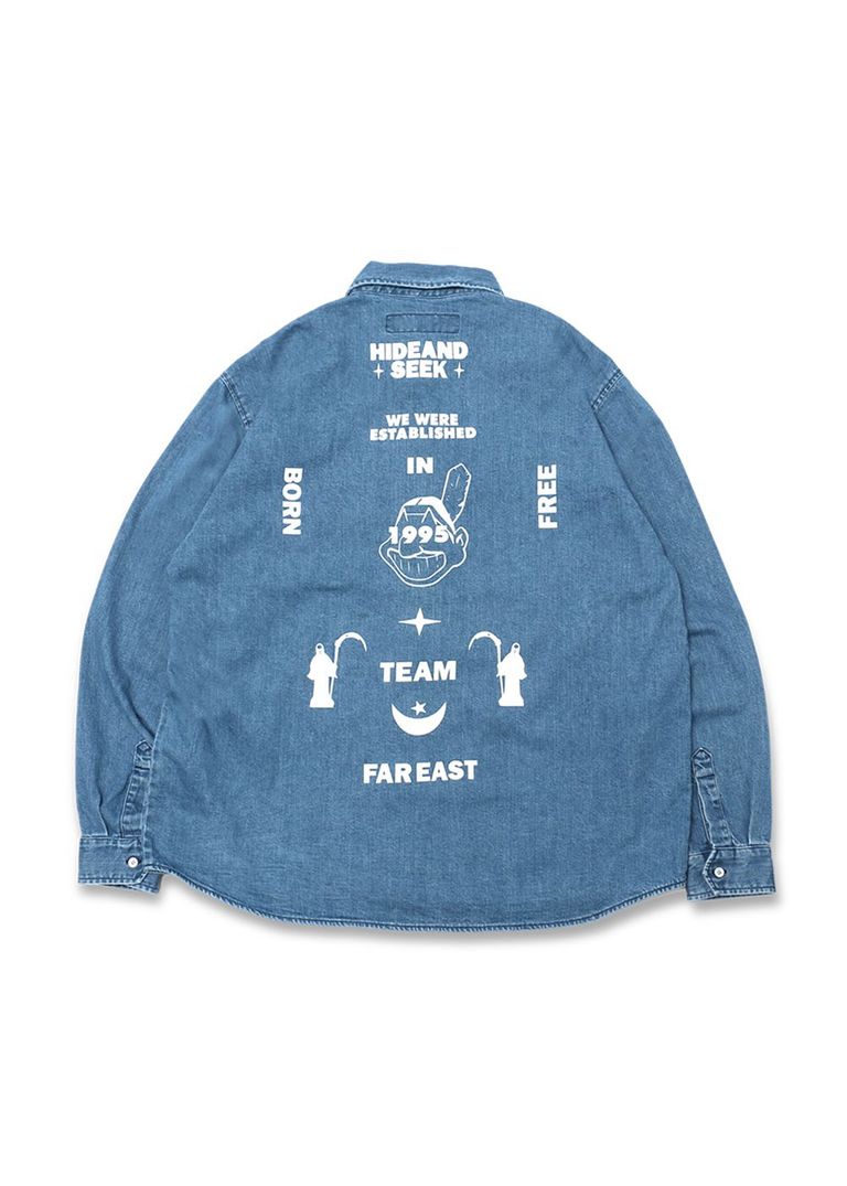 HIDE AND SEEK - DENIM B.D L/S SHIRT (INDIGO) / バックプリント 