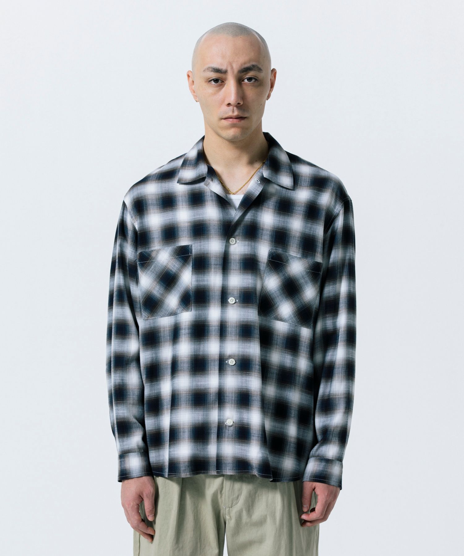 R9 OMBRE CHECK SHIRT (BLACK) / オンブレチェック オープン カラー シャツ