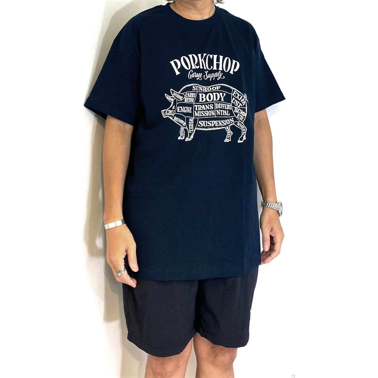 NAVY ポークチョップTシャツ PORKCHOP GARAGE SUPPLY - PORK FRONT TEE 25 (NAVY) / ポーク