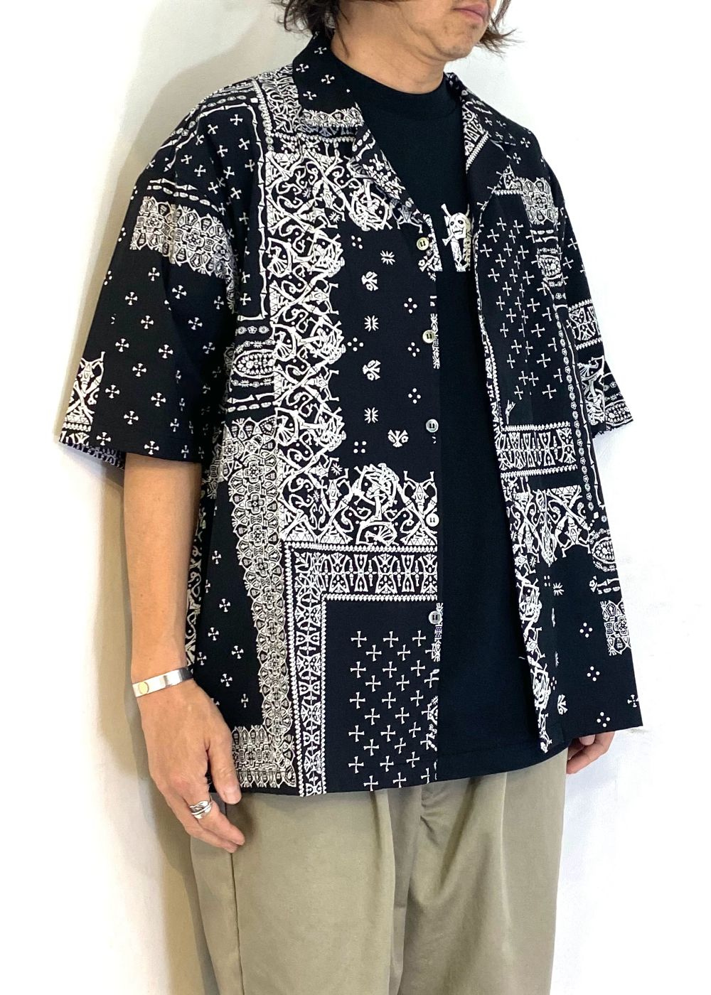 髑髏 bandana S/S shirts (BLACK) / ×横尾忠則 髑髏バンダナ柄 コラボ シャツ