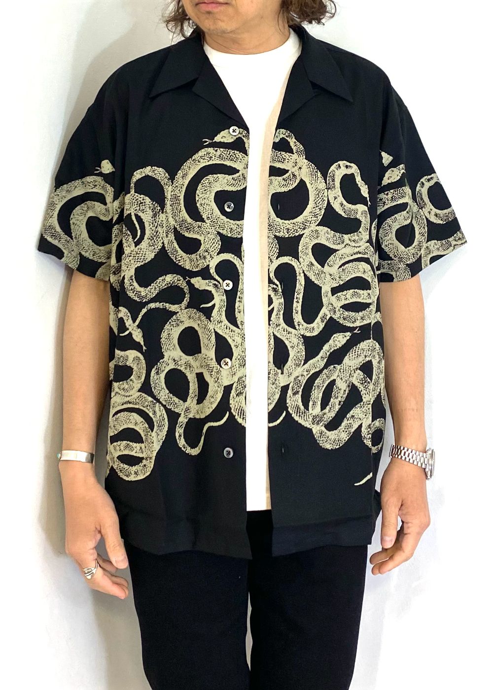 SNAKE PATTERN PANEL S/S SH (BLACK) / オリジナル スネークパターン オープンカラー シャツ