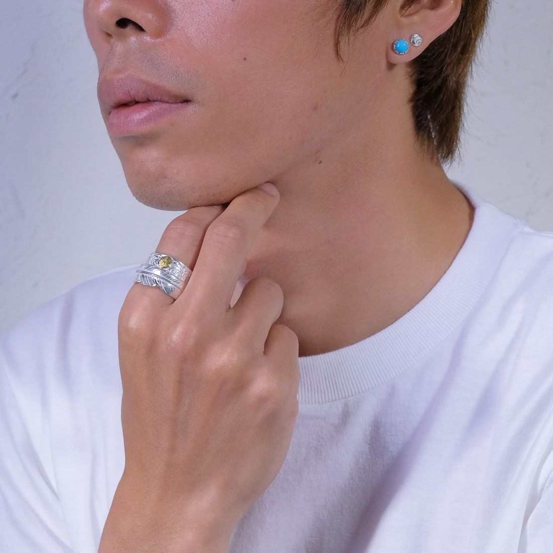 Feather Ring 1 with Gold Point M (SILVER) / フェザー&24金Mポイント唐草コンビリング - 7号