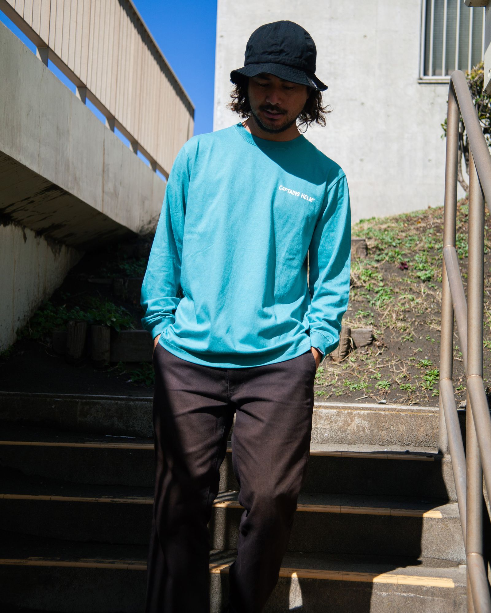 TRADEMARK LOGO LS TEE (GREEN) / ロゴ プリント ロンT
