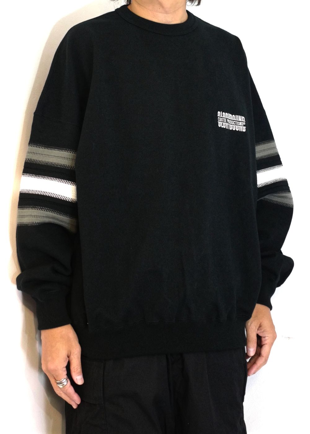 COOTIE PRODUCTIONS - Heavy Oz Jersey Jacquard Sleeve Crew (BLACK) / ジャガード  ボーダー スリーブ カットソー | LOOPHOLE