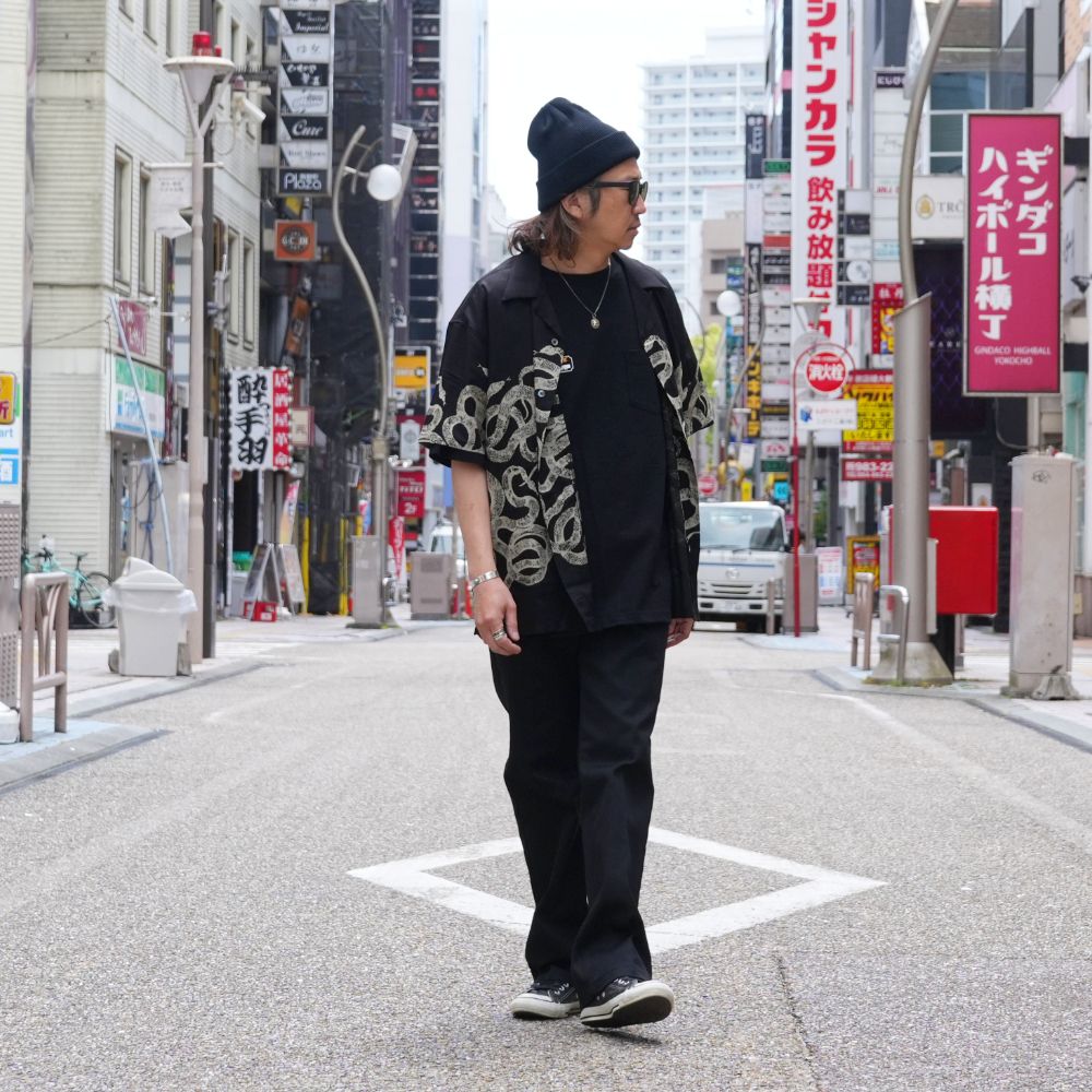 【ラスト1点】SNAKE PATTERN PANEL S/S SH (BLACK) / オリジナル スネークパターン オープンカラー シャツ