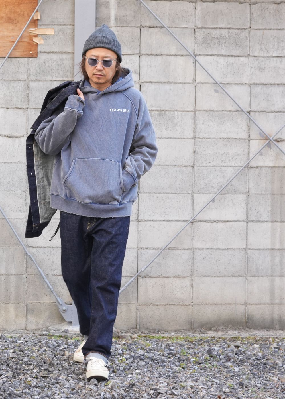 【ラスト1点】VINTAGE LOGO HOODIE (VINTAGE NAVY) / ヴィンテージ加工 ロゴ スウェット パーカー
