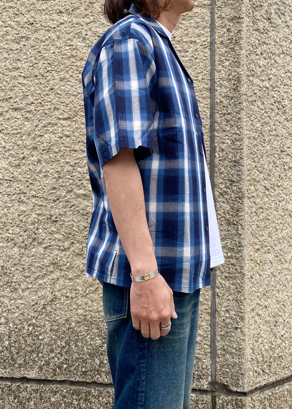 OPEN COLLAR S/S SHIRT (NAVY×OFF WHITE) / チェック オープン カラー シャツ