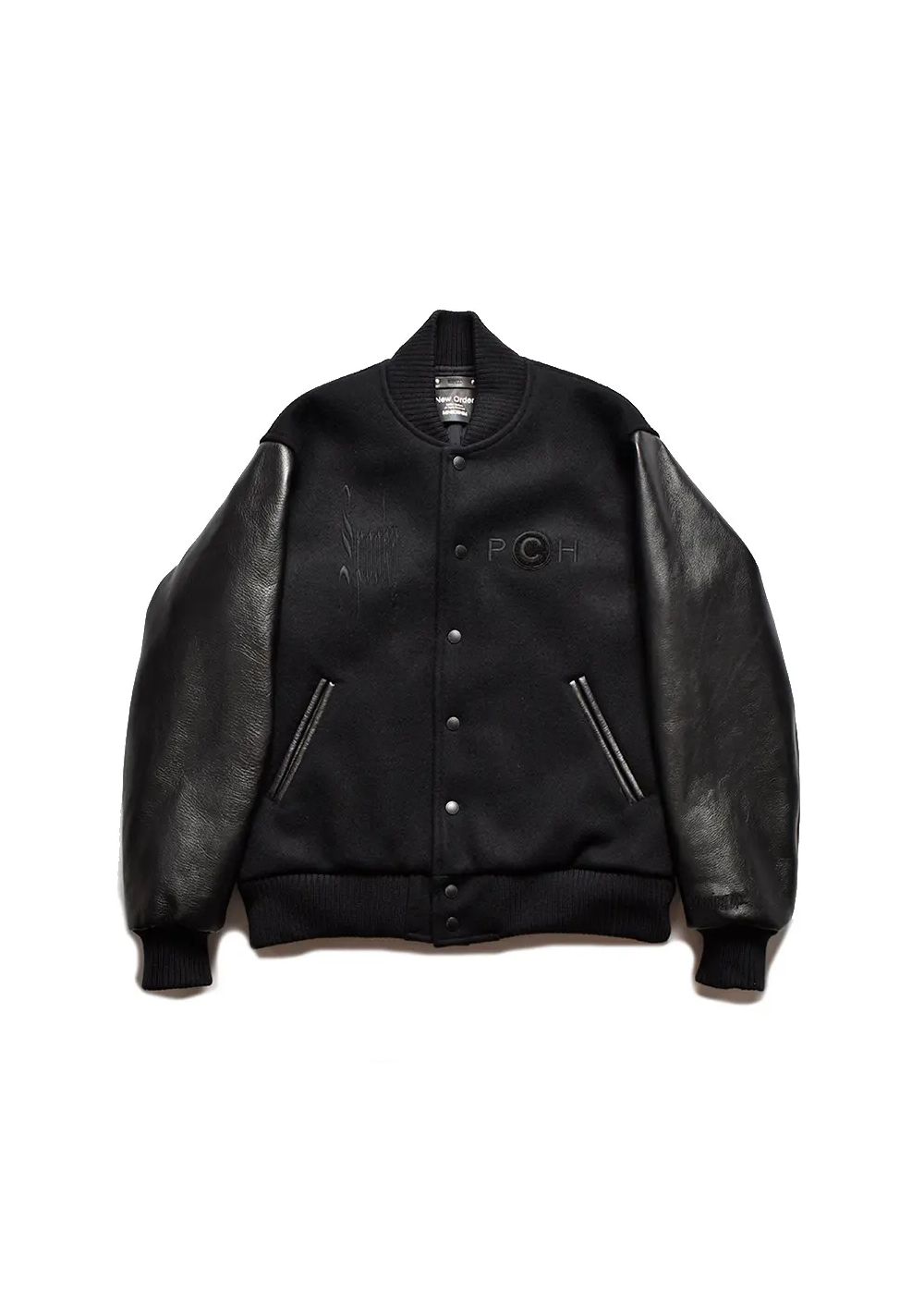 New Order “Republic” Wool Melton & Leather Varsity JKT (BLACK) / ニューオーダー コラボ スタジャン