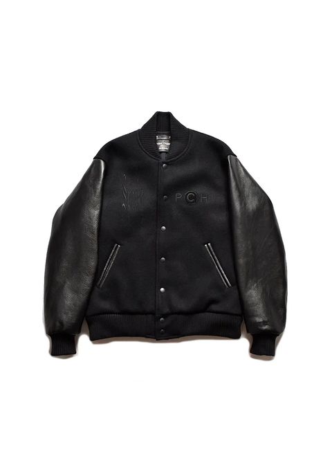 New Order “Republic” Wool Melton & Leather Varsity JKT (BLACK) / ニューオーダー コラボ スタジャン