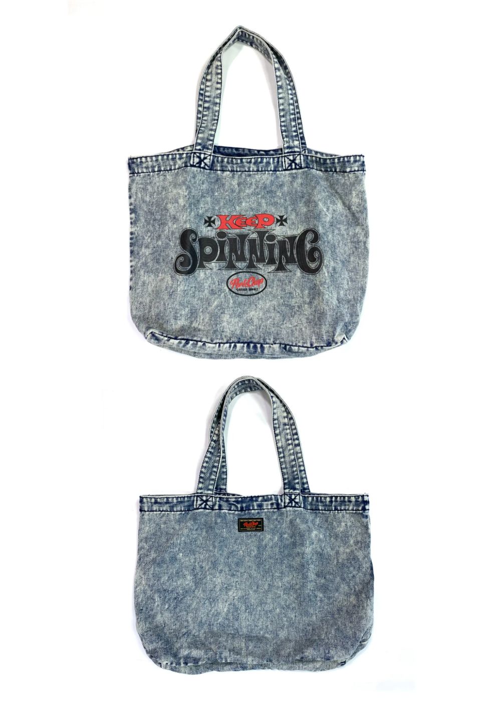 SPINNING DENIM TOTE BAG (CHEMICAL WASH DENIM) / スピニング デニム トートバッグ