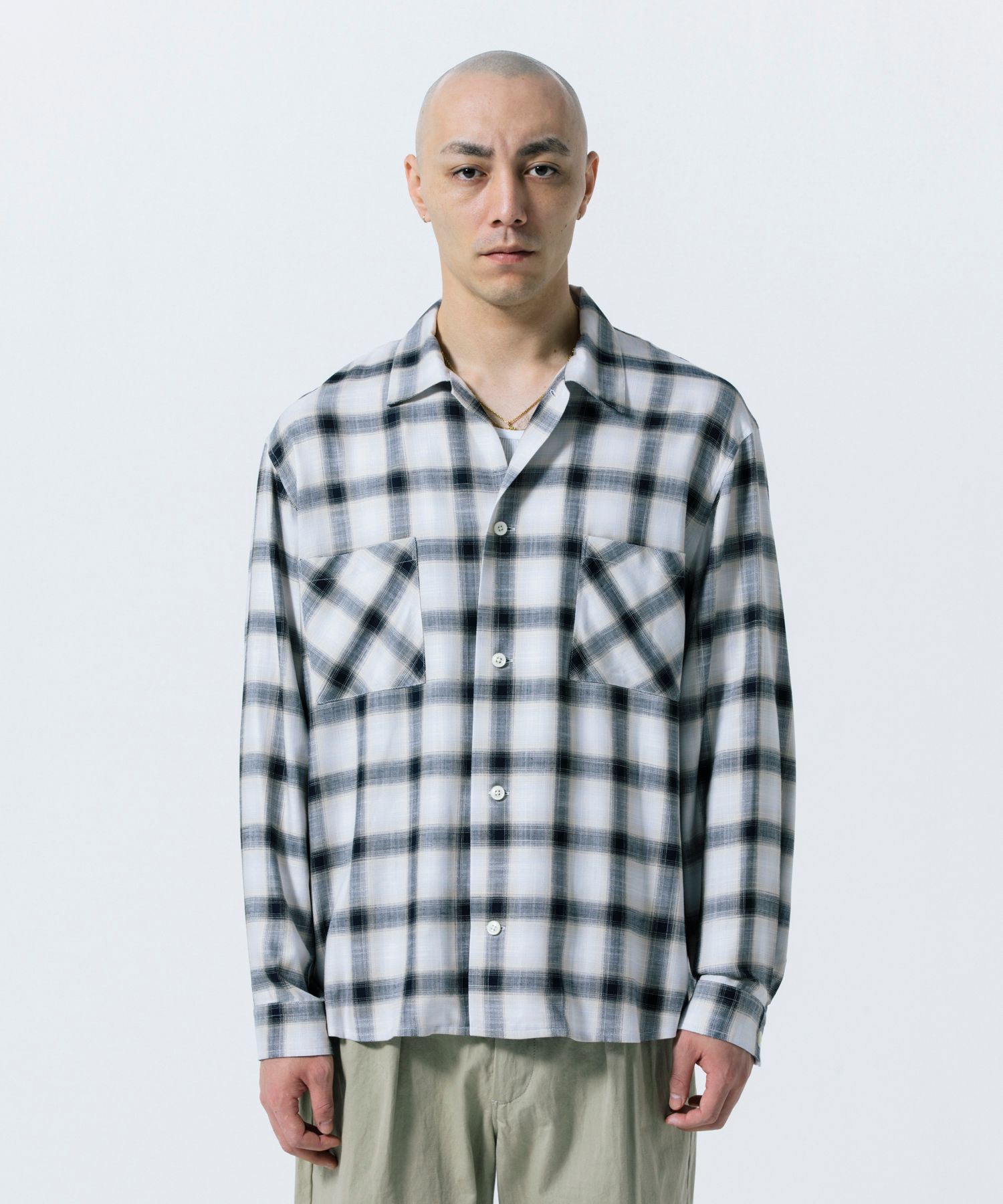 R9 OMBRE CHECK SHIRT (BEIGE) / オンブレチェック オープン カラー シャツ