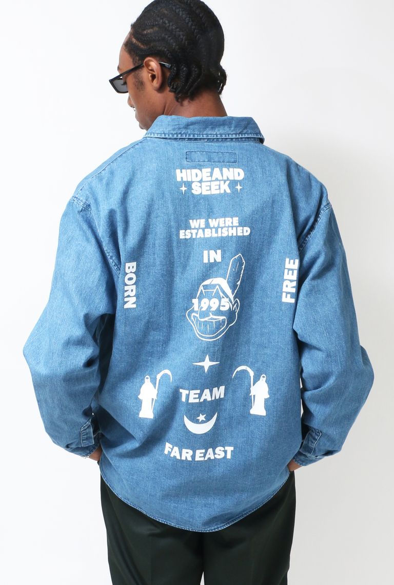 HIDE AND SEEK - DENIM B.D L/S SHIRT (INDIGO) / バックプリント 