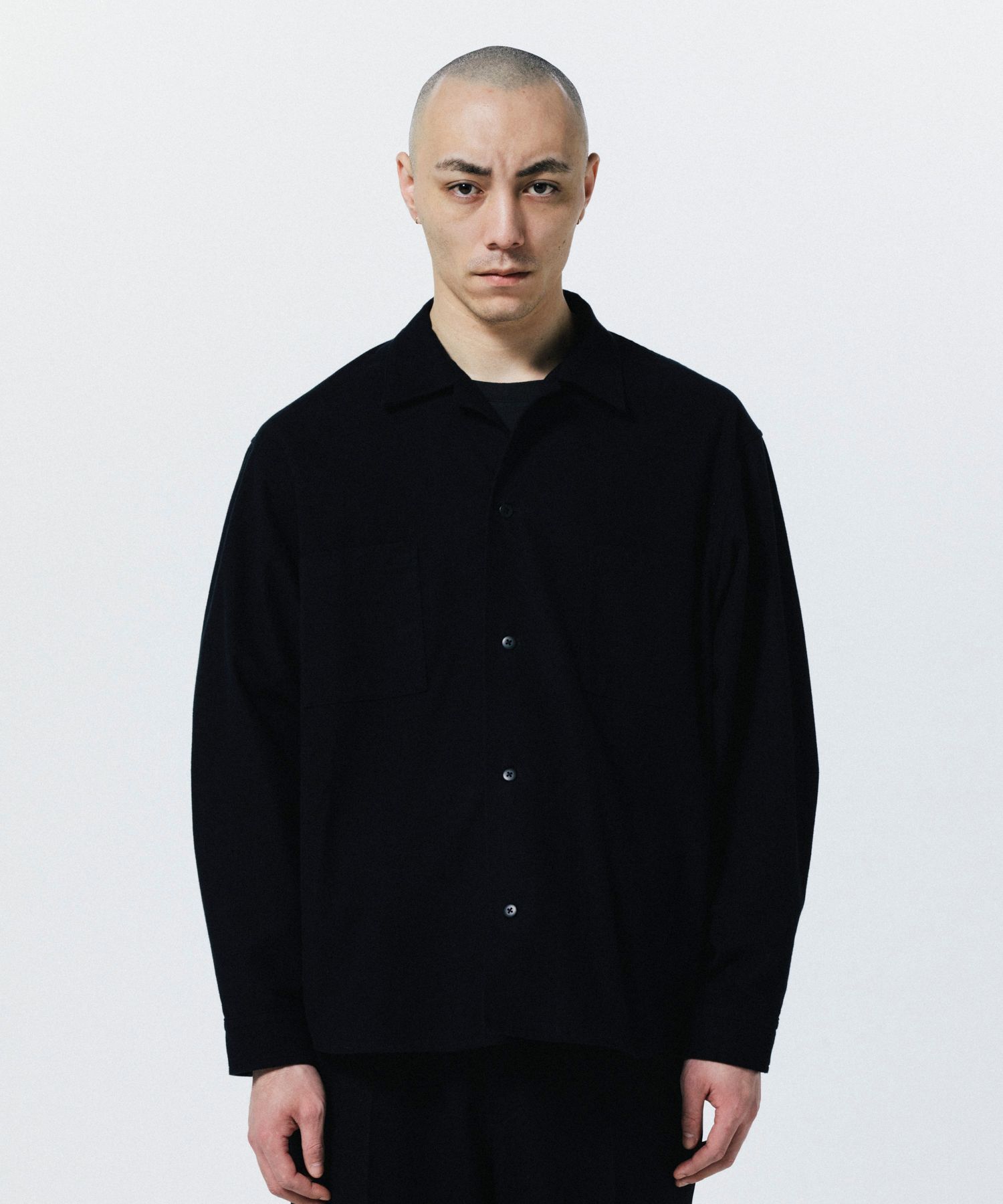 R9 OPEN COLLAR SHIRT (BLACK) / コットン スウェード オープン カラー シャツ