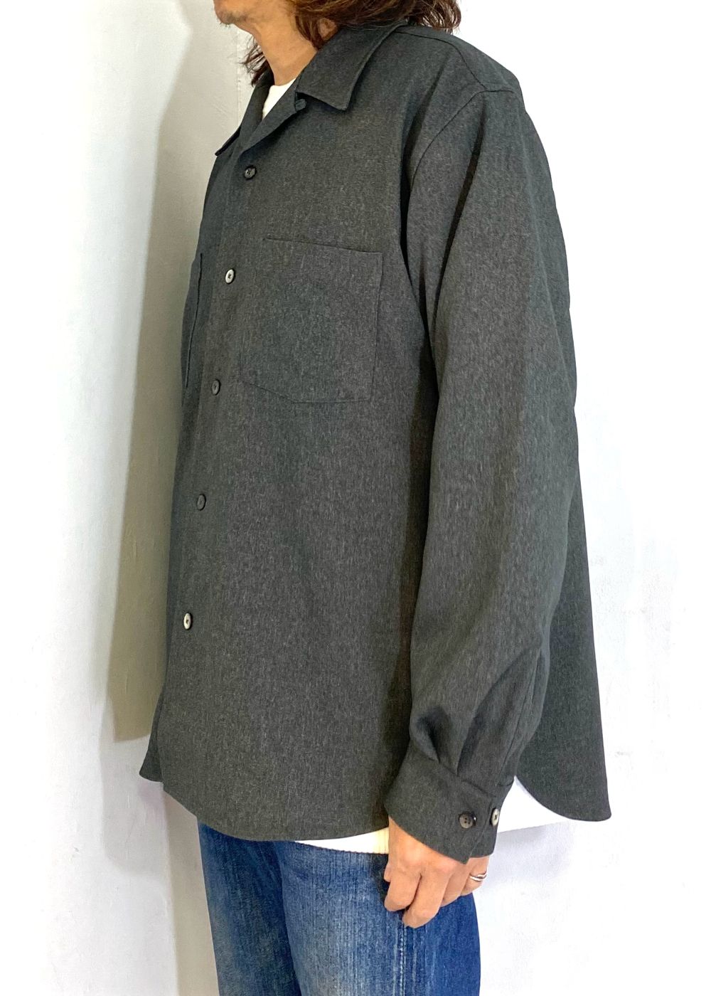 "BLATANT LOCALISM" OPEN COLLAR ROUND L/S SH (CHARCOAL) / オープンカラー ウール シャツ