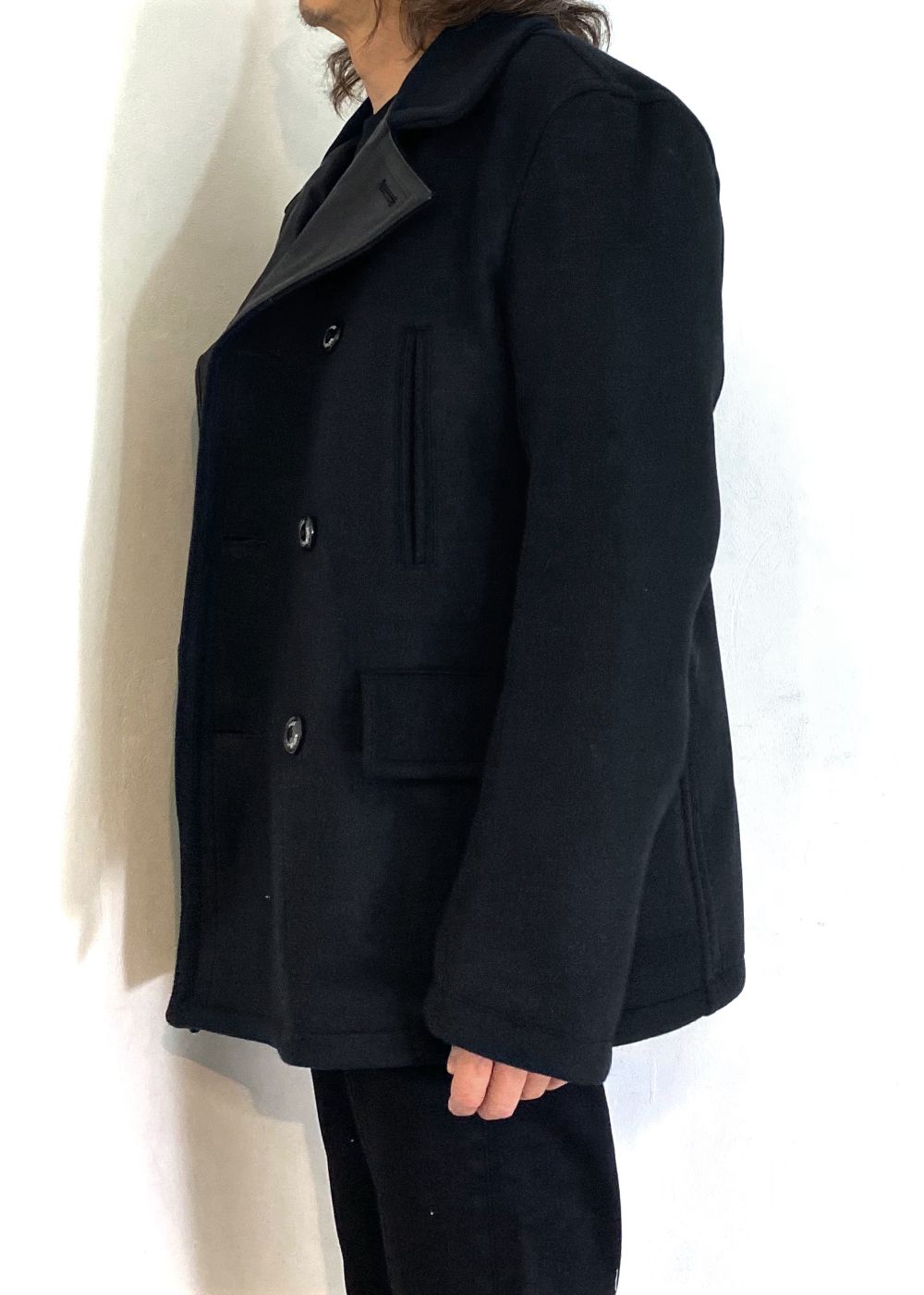 【ラスト1点】DOUBLE BREASTED WOOL JKT (BLACK) / 襟レザー ピーコート