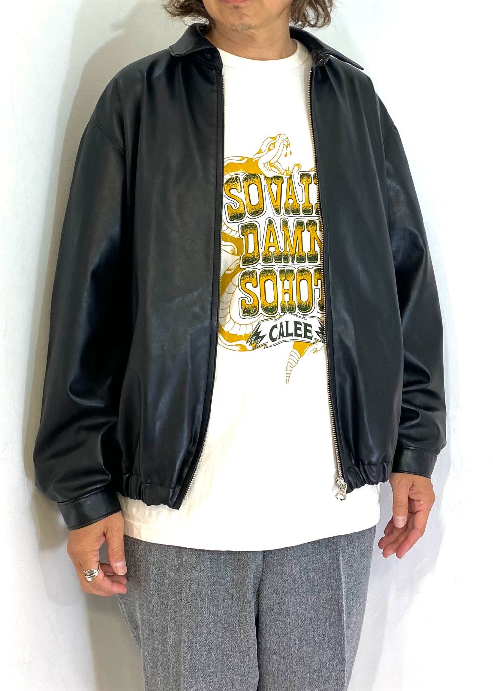 FAUX LEATHER HARRINGTON JACKET (BLACK) / フェイク レザー ハリントン ジャケット
