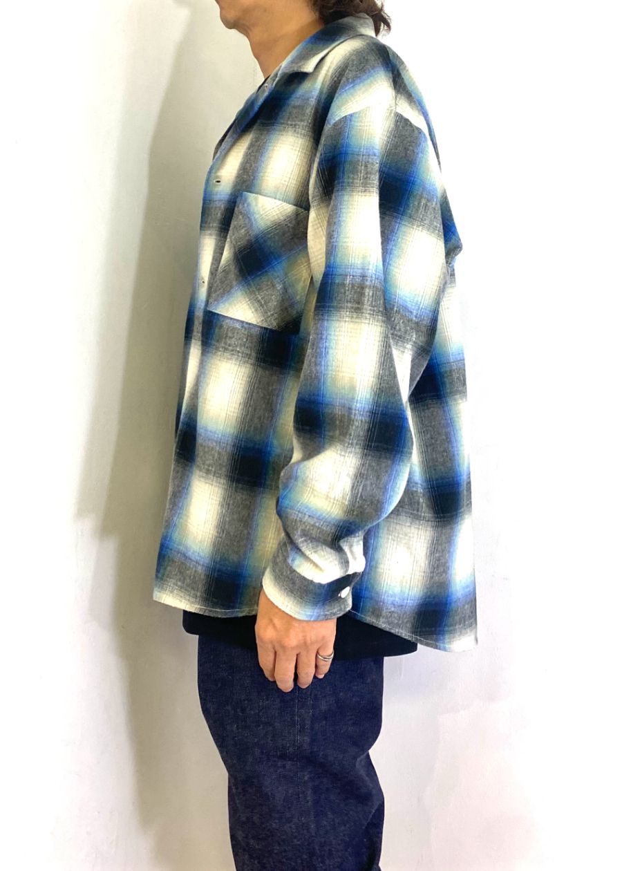 【ラスト1点】R9 OMBRE CHECK SHIRT (BLUE) / オンブレチェック オープン カラー シャツ