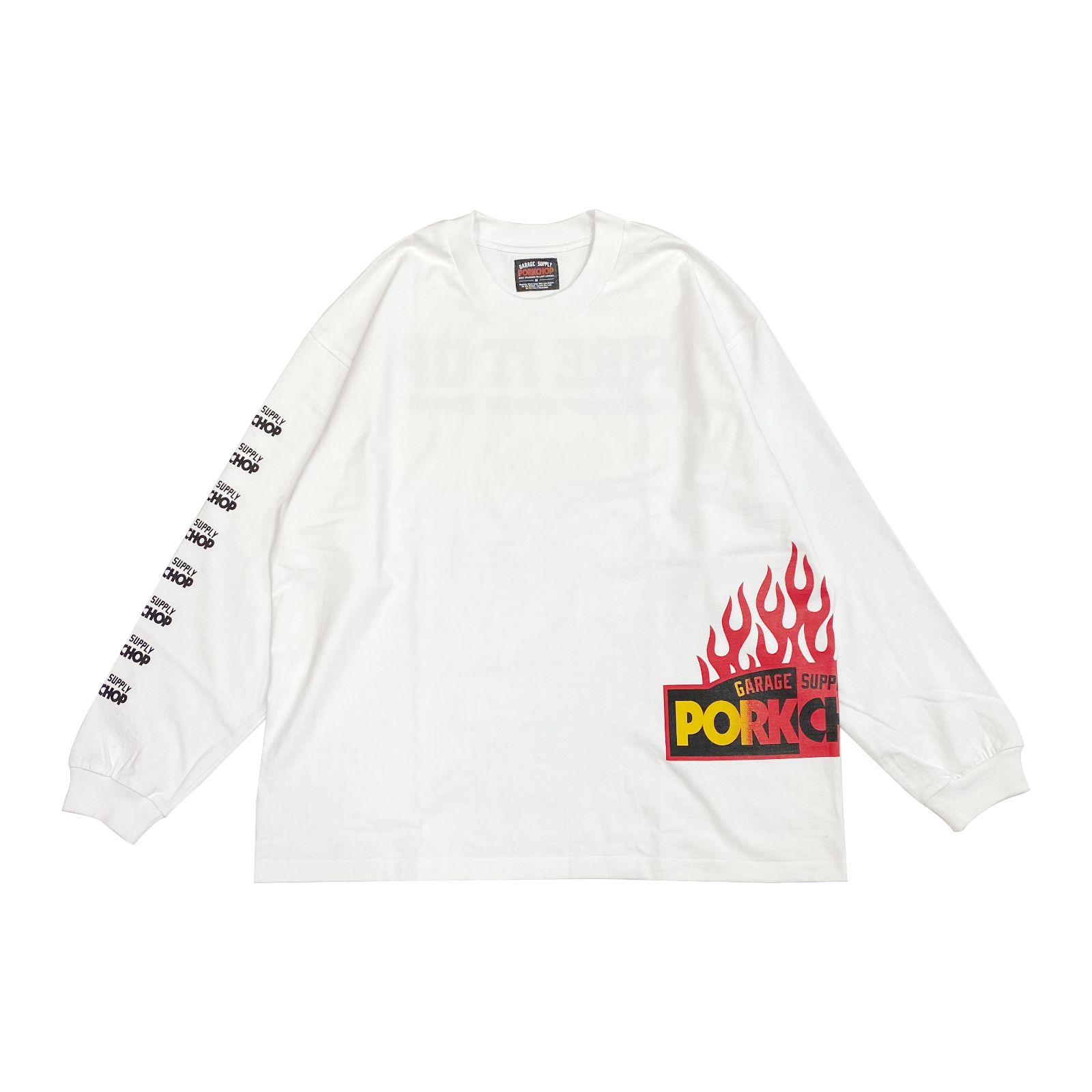 PORKCHOP - FIRE BLOCK MULTI L/S TEE (WHITE) / ロゴ プリント ロング