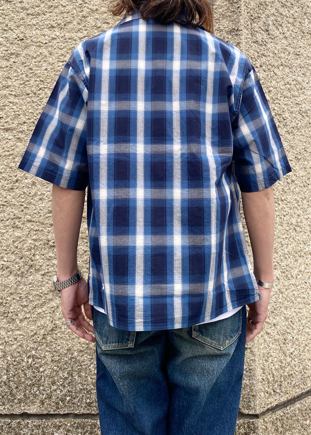 OPEN COLLAR S/S SHIRT (NAVY×OFF WHITE) / チェック オープン カラー シャツ