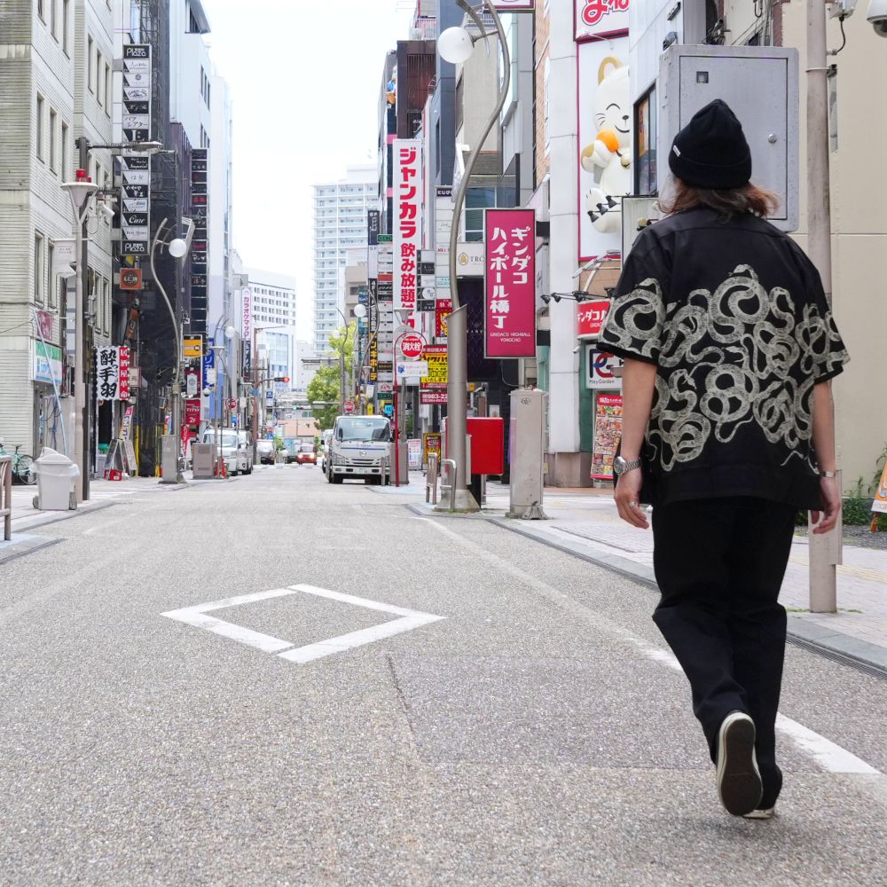【ラスト1点】SNAKE PATTERN PANEL S/S SH (BLACK) / オリジナル スネークパターン オープンカラー シャツ