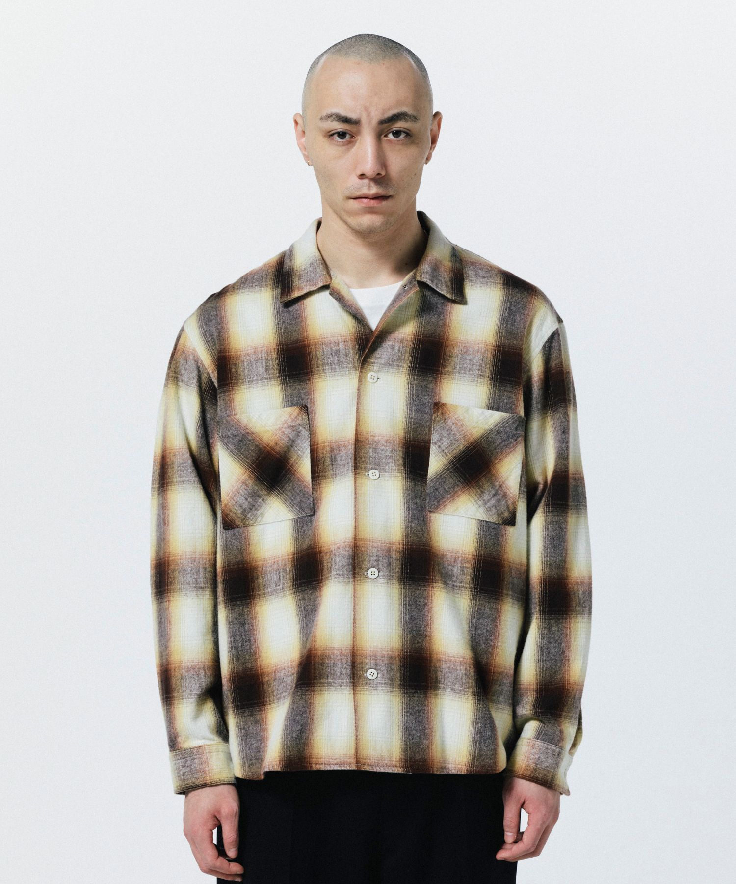 R9 OMBRE CHECK SHIRT (BROWN) / オンブレチェック オープン カラー シャツ