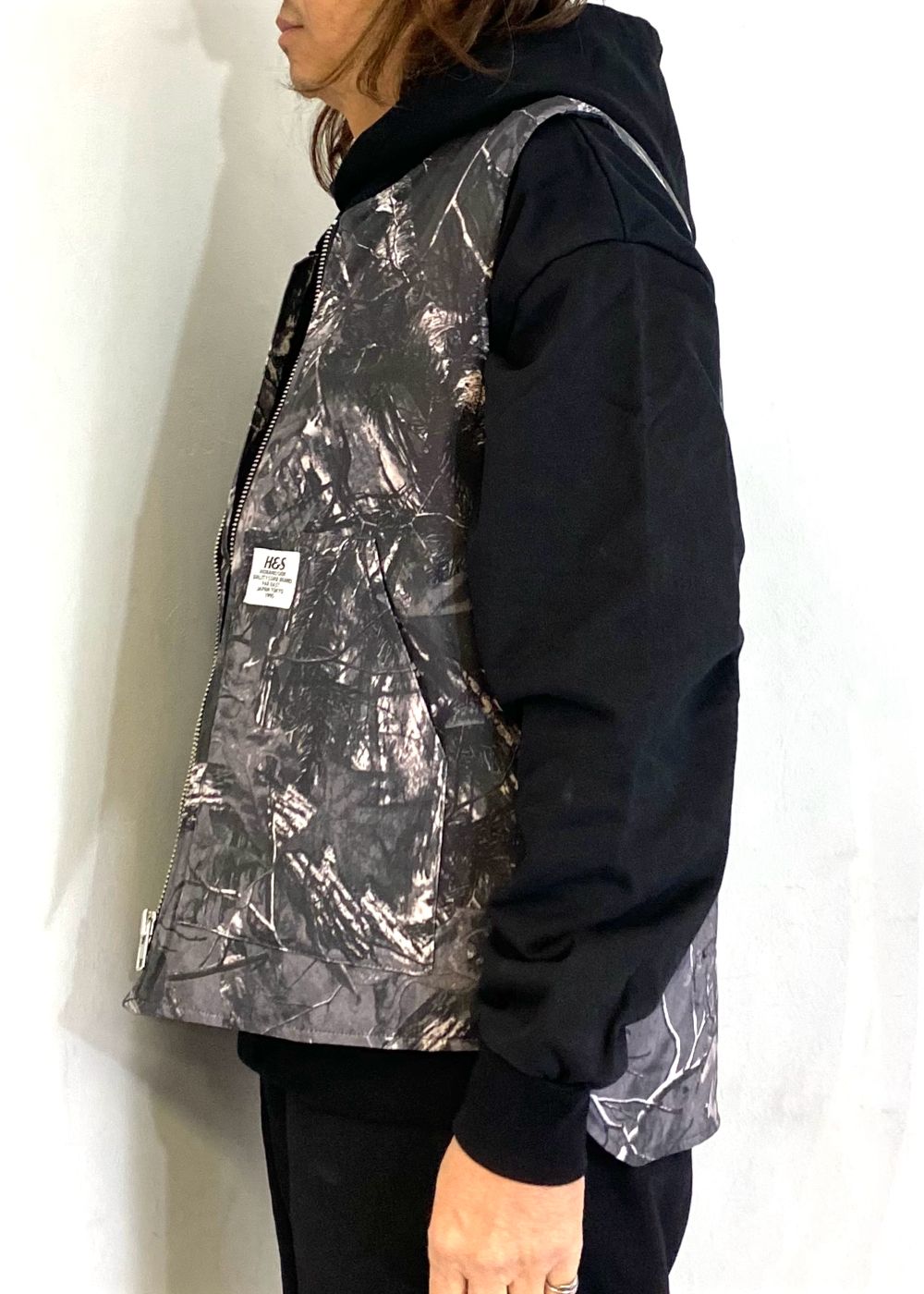 Camo Zip Work Vest (BLACK CAMO) / オリジナル カモフラージュ ワークベスト / セットアップ可能