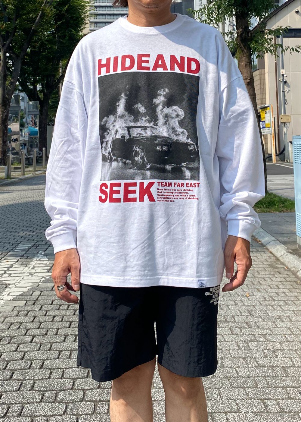 Burn L/S Tee (WHITE×RED) / フォト プリント ルーズフィット ロングスリーブ Tシャツ