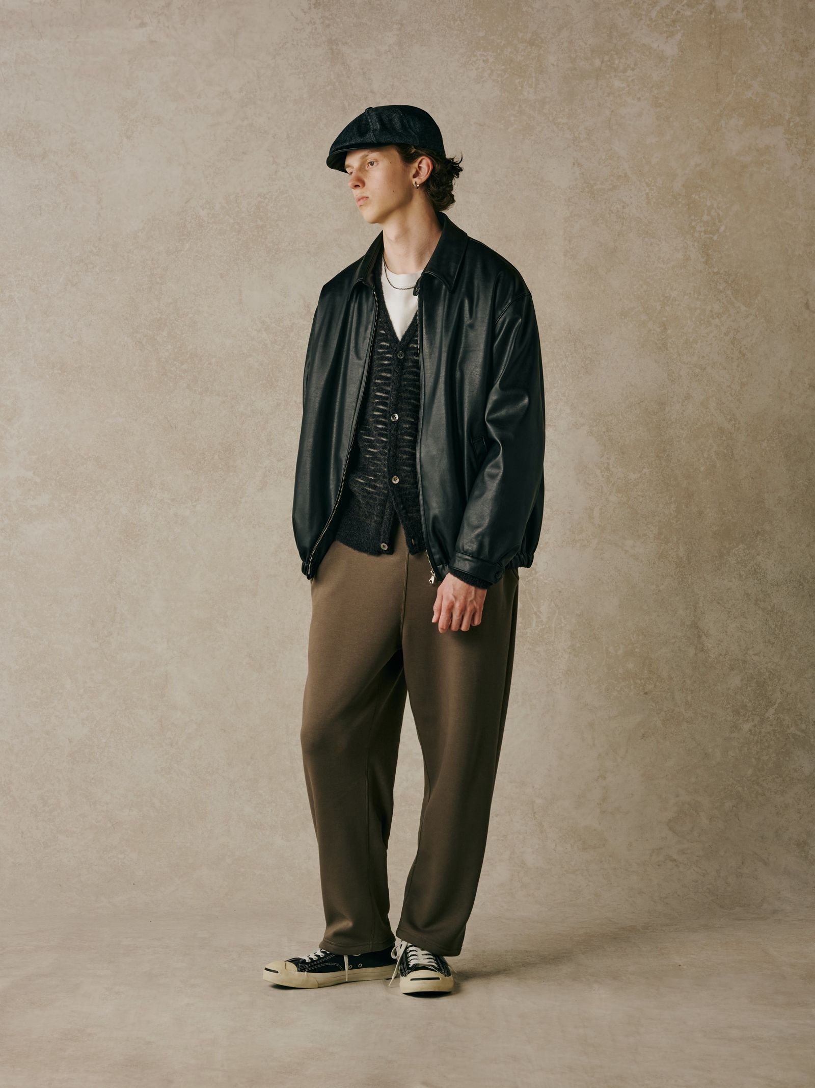 FAUX LEATHER HARRINGTON JACKET (BLACK) / フェイク レザー ハリントン ジャケット