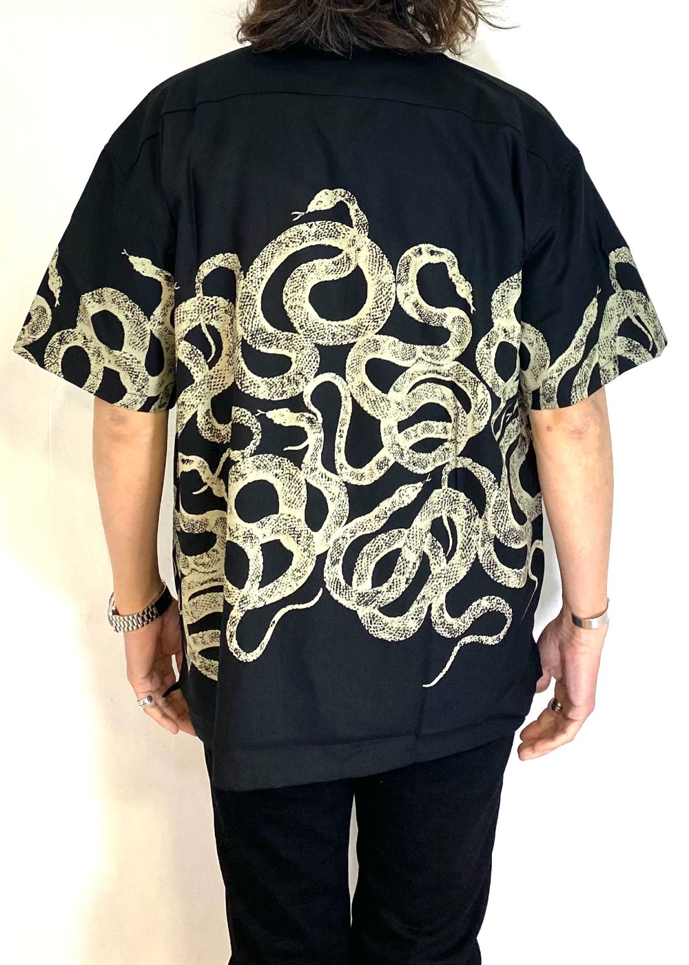 SNAKE PATTERN PANEL S/S SH (BLACK) / オリジナル スネークパターン オープンカラー シャツ