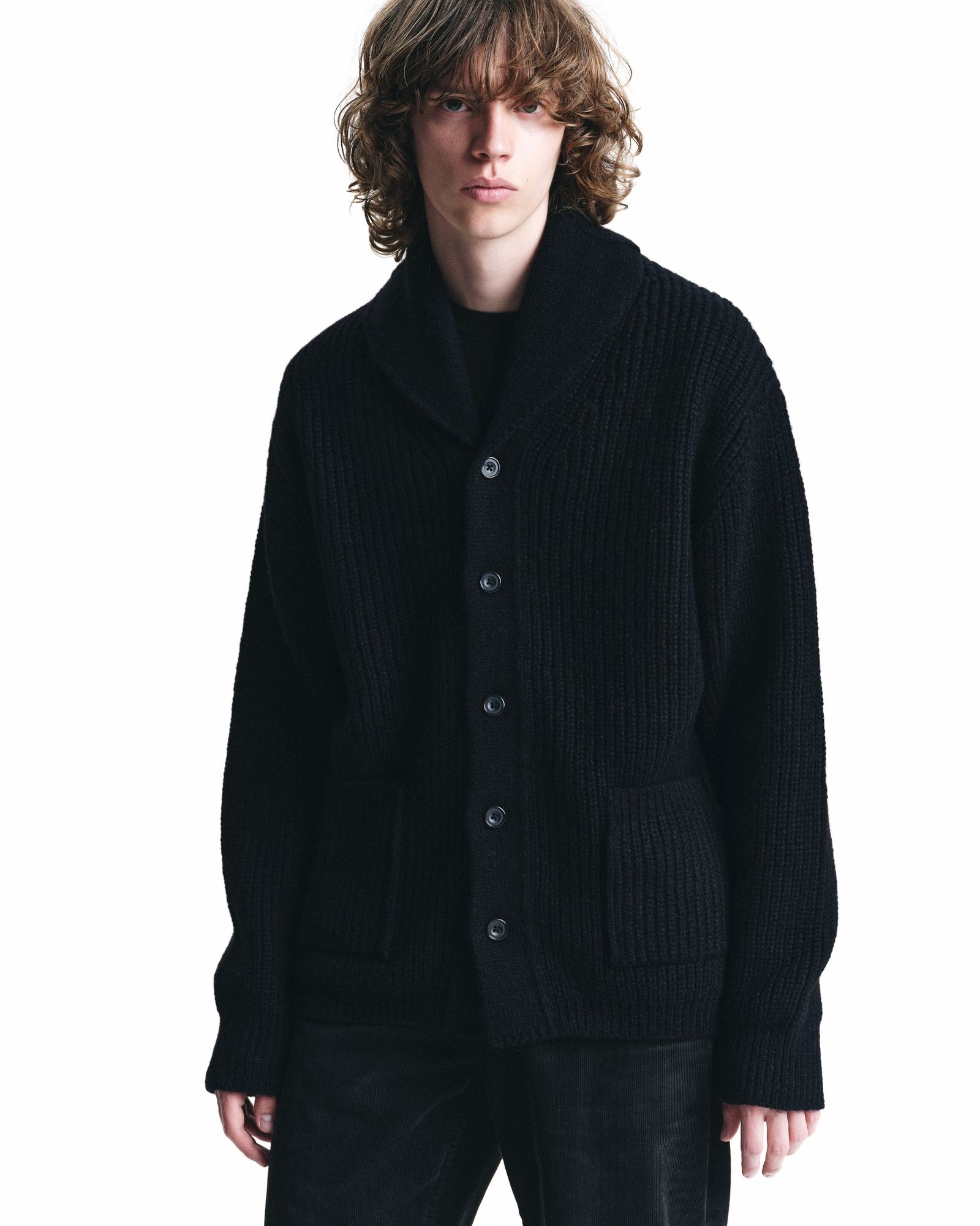 Baby Alpaca Wool Shawl Collar Knit Cardigan (BLK) / アルパカ ウール ショールカラー ニット カーディガン