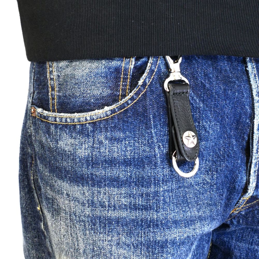 CALEE - SILVER STAR CONCHO LEATHER KEY RING (BLACK) / シルバー 