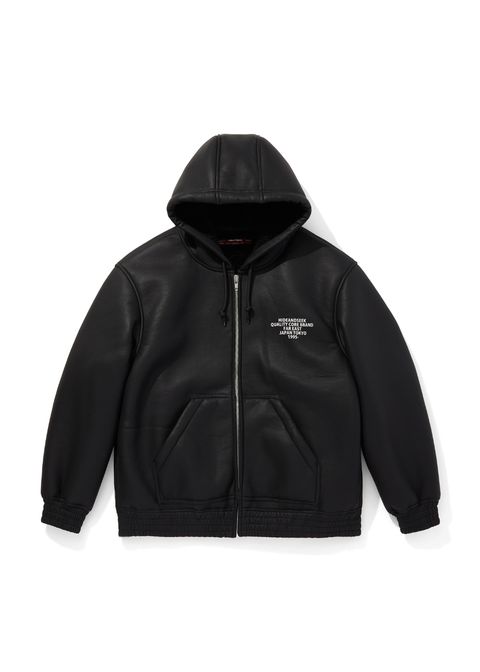 PU Leather Boa Hooded Jacket (BLACK) / フェイクレザー ボア フード ジャケット