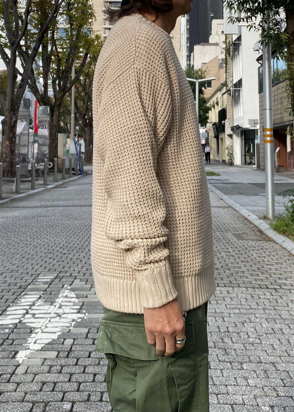 Heavy Waffle Knit Sweater (BEIGE) / ヘビーワッフル コットン ニット セーター