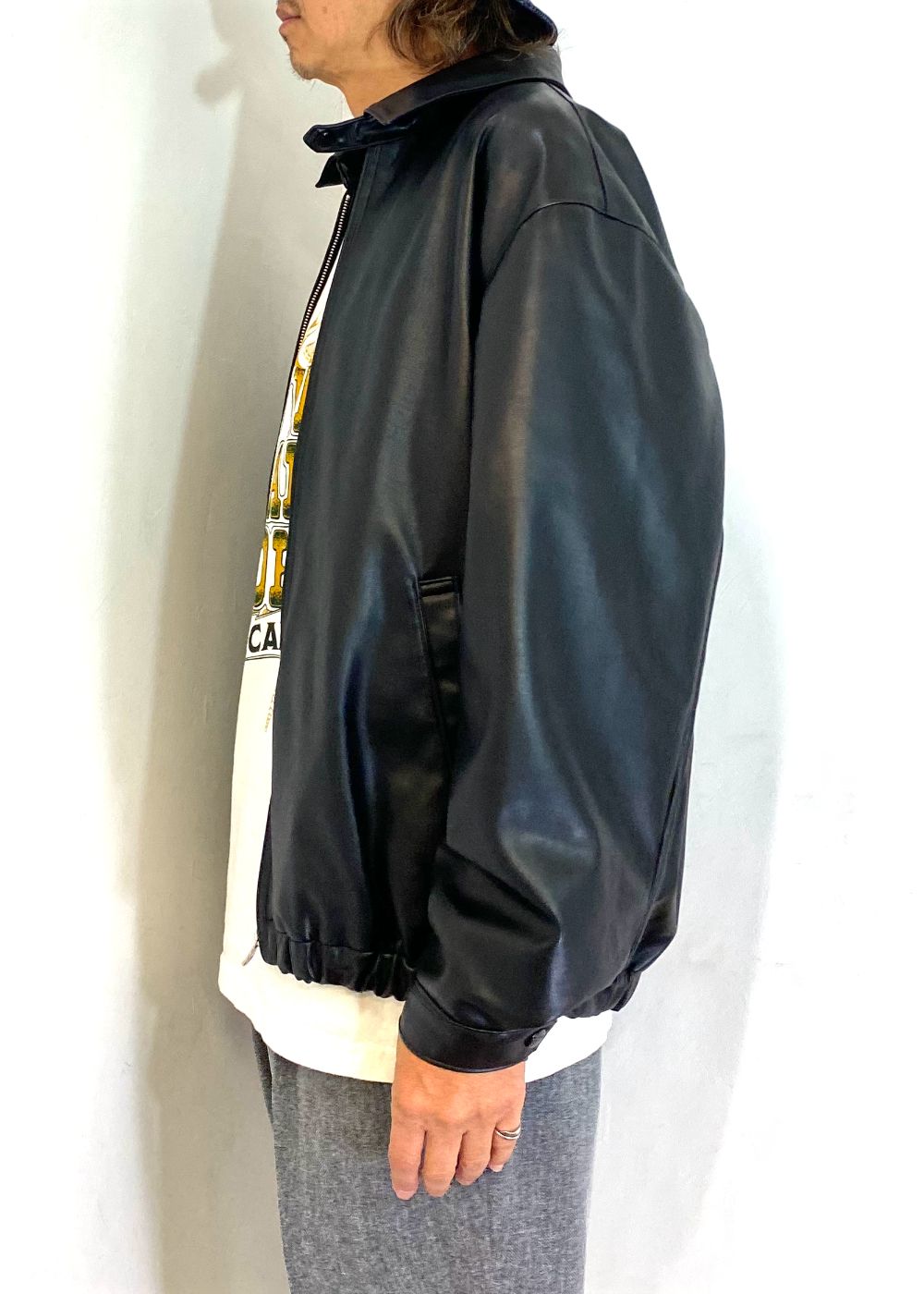 FAUX LEATHER HARRINGTON JACKET (BLACK) / フェイク レザー ハリントン ジャケット