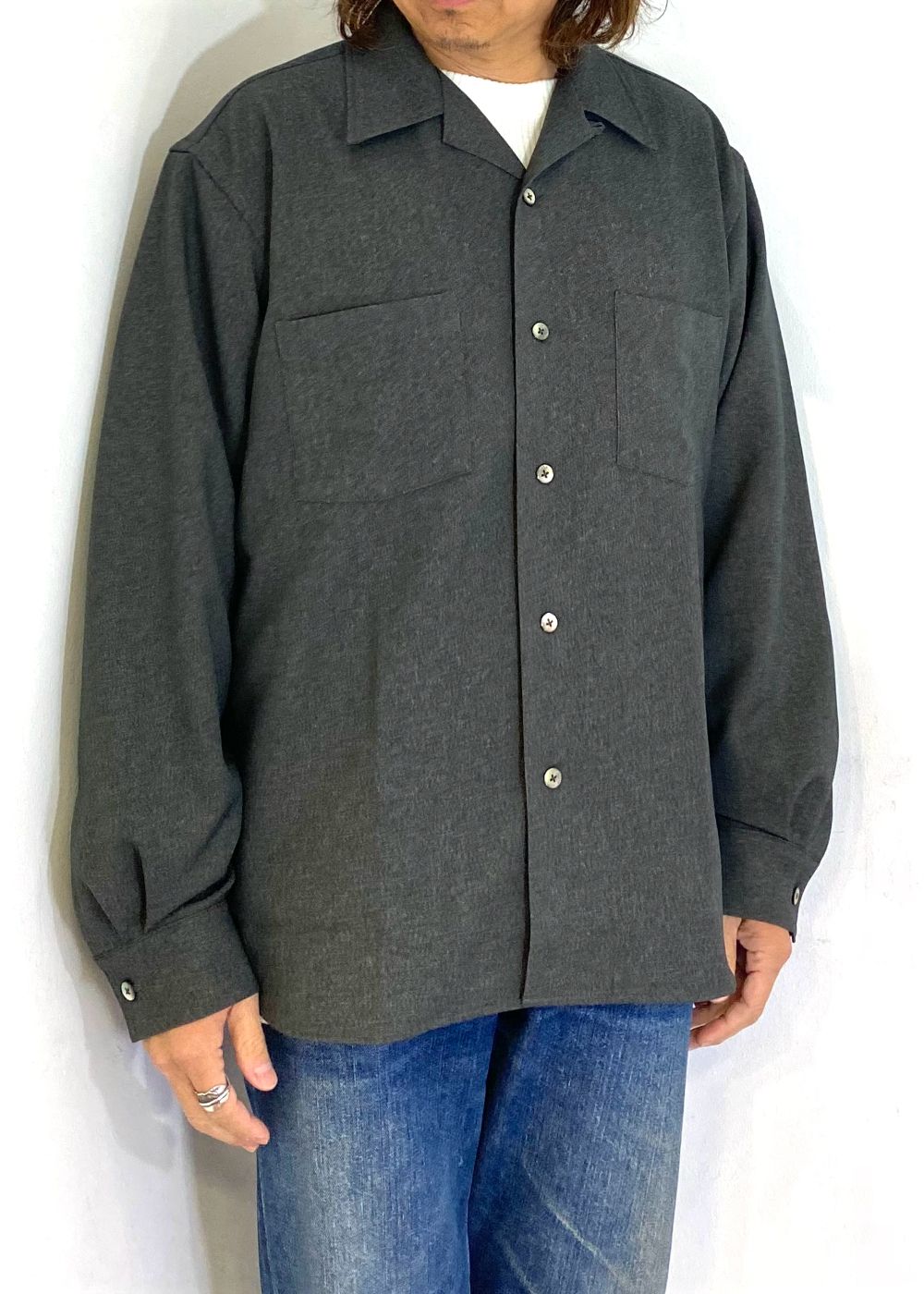 "BLATANT LOCALISM" OPEN COLLAR ROUND L/S SH (CHARCOAL) / オープンカラー ウール シャツ